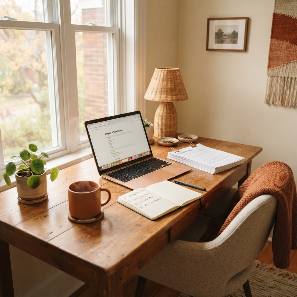 A calm, warm-toned home office desk with a laptop, notebook, and stacked printed pages near a window.