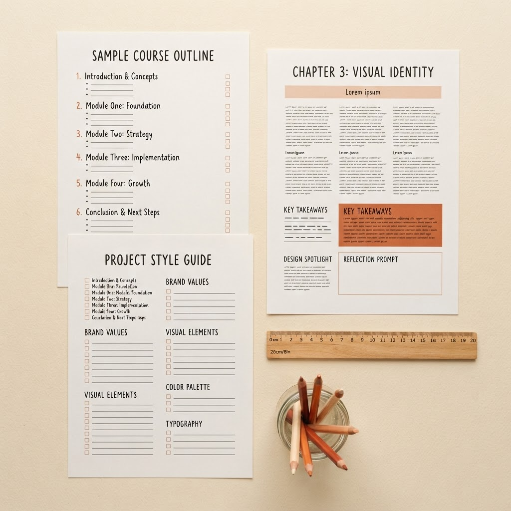 A flat-lay of sample course outline and e-book chapter templates alongside a formatting checklist and colored pencils.